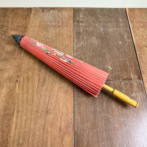 Vintage hand painted Cherry Blossom Finch Bird Red Parasol Bamboo Umbrella - Picture 1 of 11